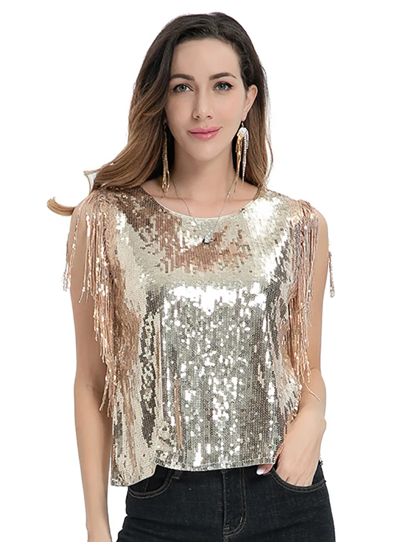 

Women Adult Sequin Tassel Suspender Tank Top Rumba Samba Dancewear Versatile Top Latin Rave Party Clubwear Performance Costumes