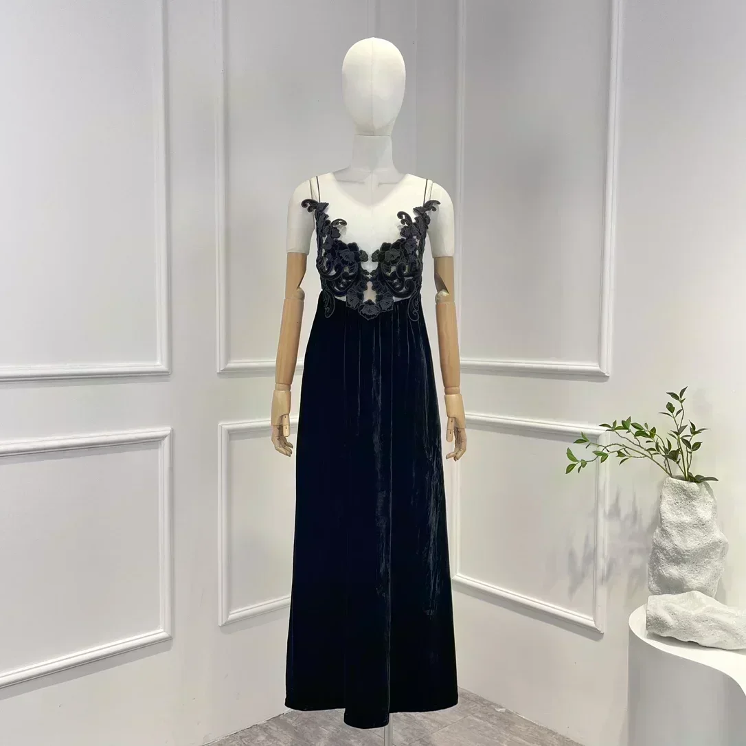 

Новое поступление 2023, элегантное высококачественное платье средней длины с вышивкой, женское вечернее однотонное черное платье