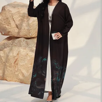 Middle-East Open Front Abaya Muslim Full Sleeve Loose Printed Elegant  Abayas Turkey Kaftans Women Jilbabs Islamic Maxi Dresses