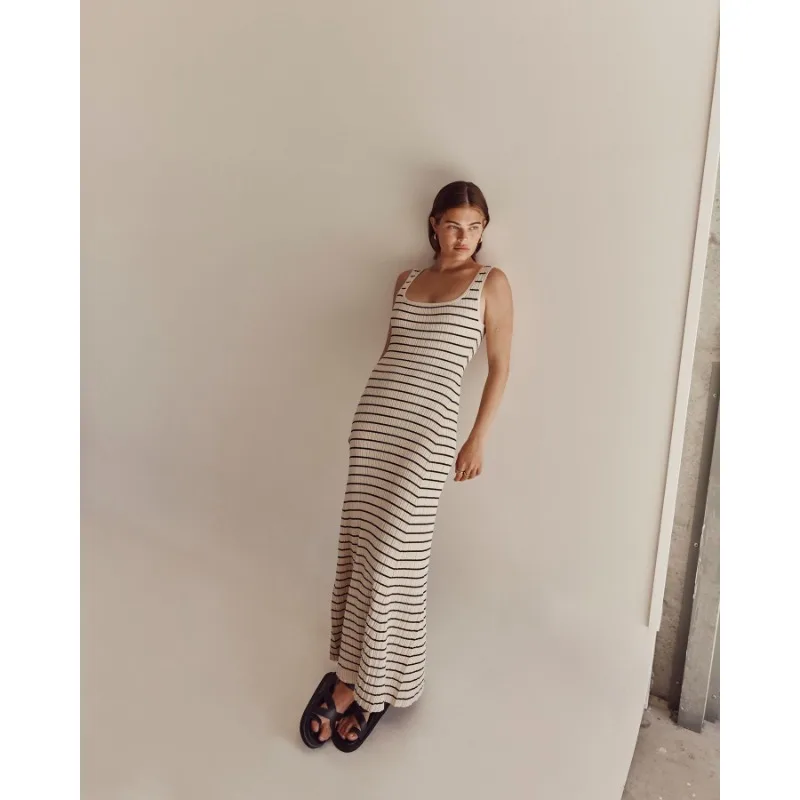 Vestido largo de punto a rayas sin espalda para mujer, cuello redondo, sin mangas, ajustado, elegante, para fiesta, espagueti, para vacaciones y playa