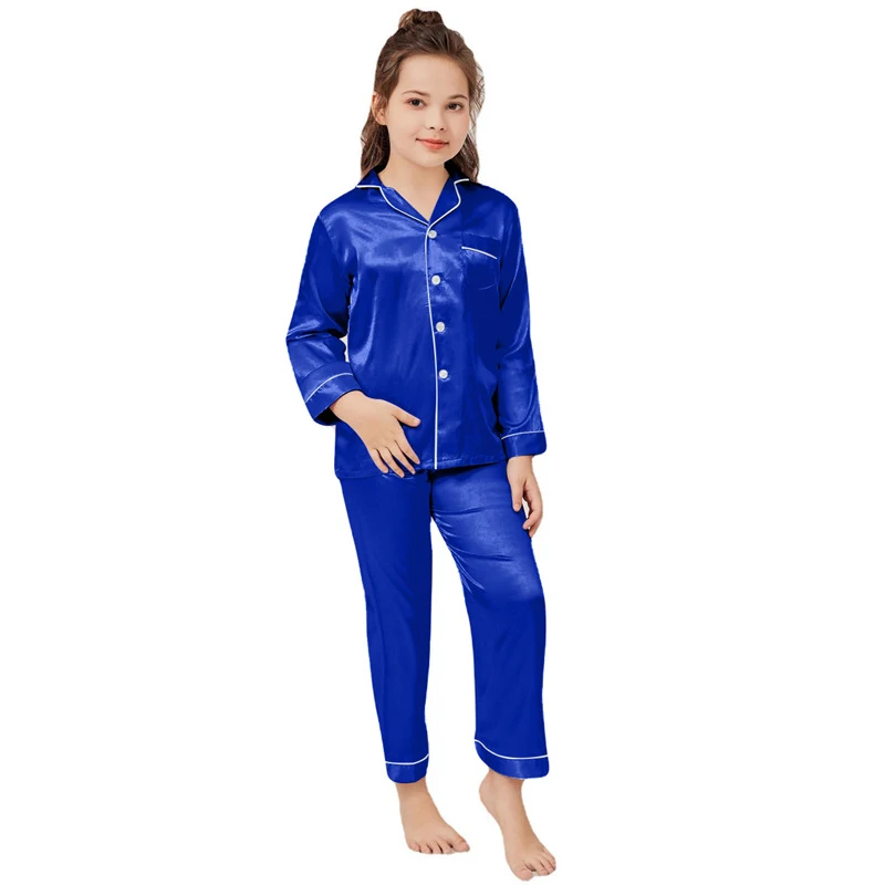 Pyjama Satin Soie Pour Fille - 2 Pièces, Manches Longues, Boutons - Lot Familial Assorti - 3