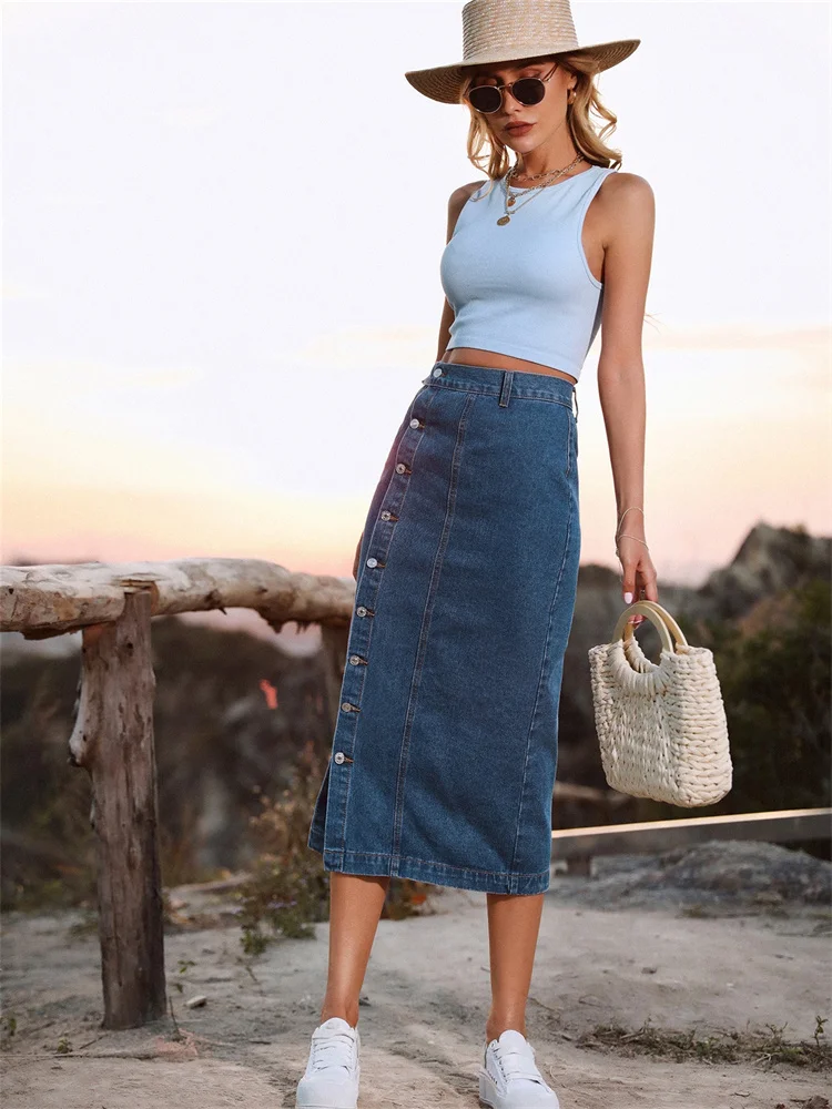 Wmstar Only Denim Skirts Women's Clothing High Waist Maxi Sexy Button Slip Hem Long Flounce Skirt Wholesale Dropshipping New