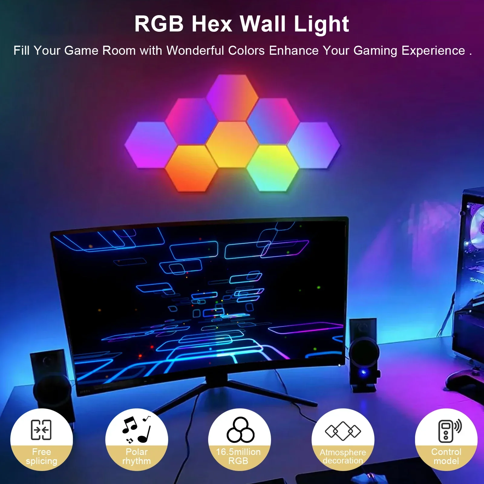 RGB Smart Hexagonal Wall Lamp Color changing Ambient Night Light DIY Shape Music Rhythm APP For Game Room Bedroom Intelligent