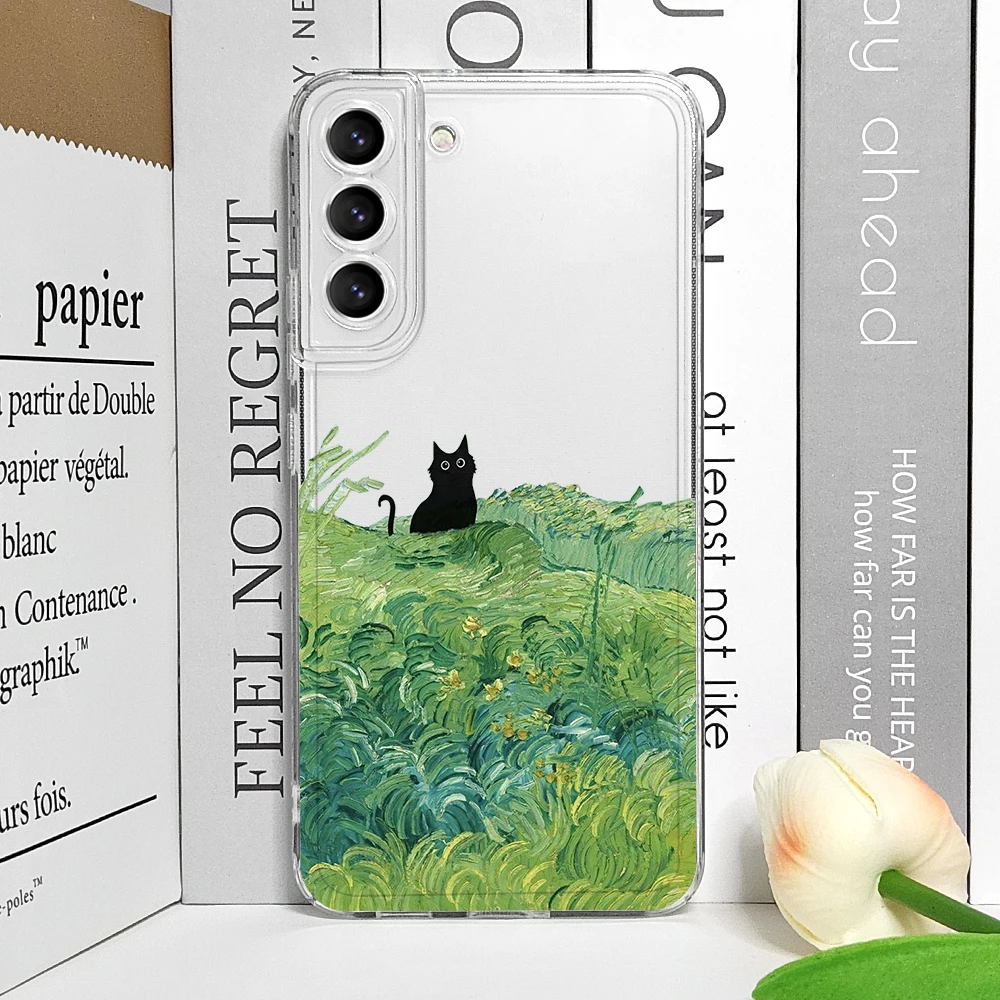 Vintage Oil Painting Black Cat Scenery Clear Phone Case
