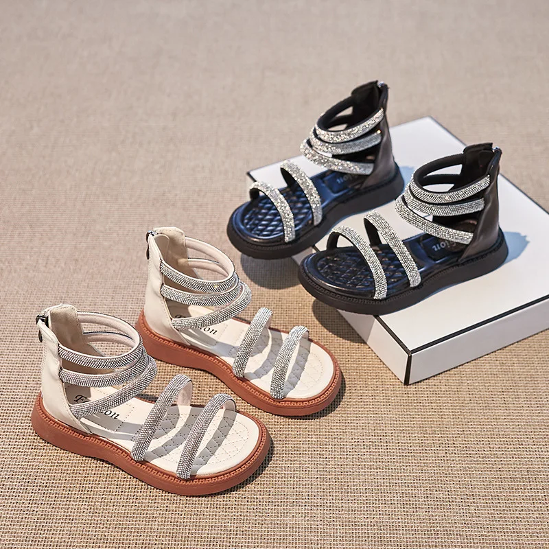 Girls Sandals 2025 Summer New Fashion Rhinestone Children's Roman Sandals Anti-sliperry Soft Kids Princess Beach Shoes G980 3