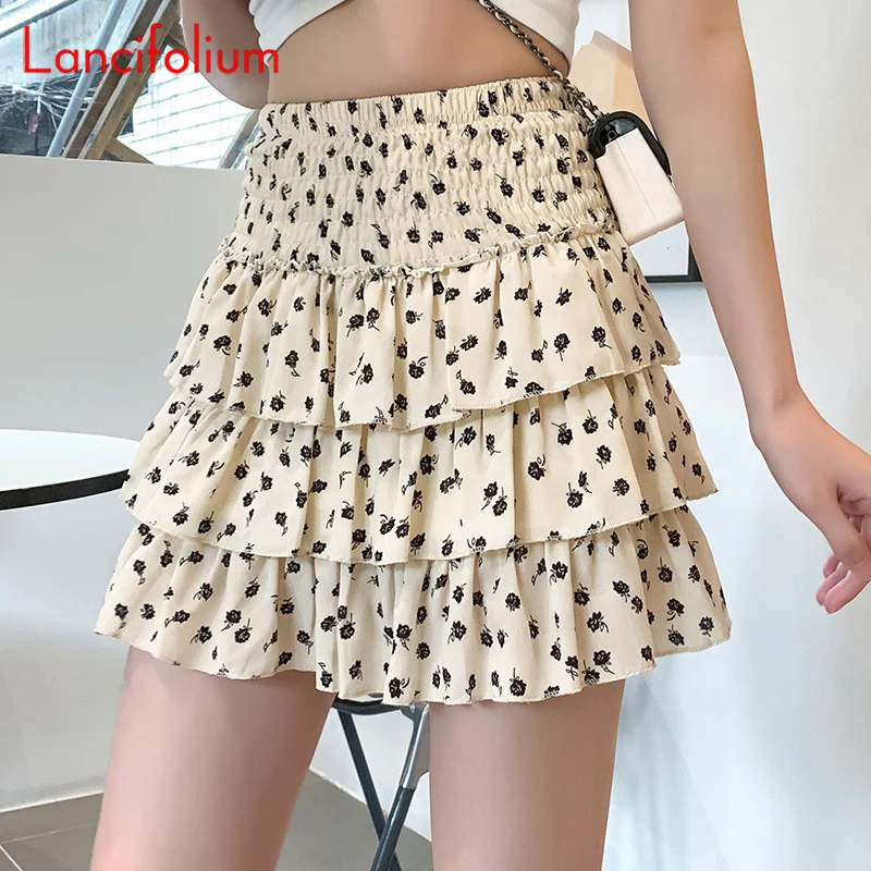 

Summer Chiffon Cake Micro Skirt Cottagecore Kawaii Sweet Preppy Ladies Vintage Ruffle Pleated Floral Black Mini Skirt Women 2022