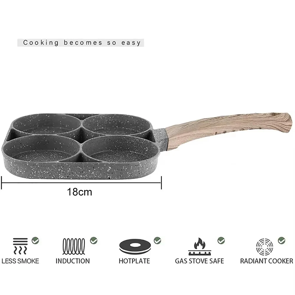 Frying Pan 4 Hole Non Stick Breakfast Burger Egg Pancake Maker Wooden Handle Medical Stone Omelet Pan