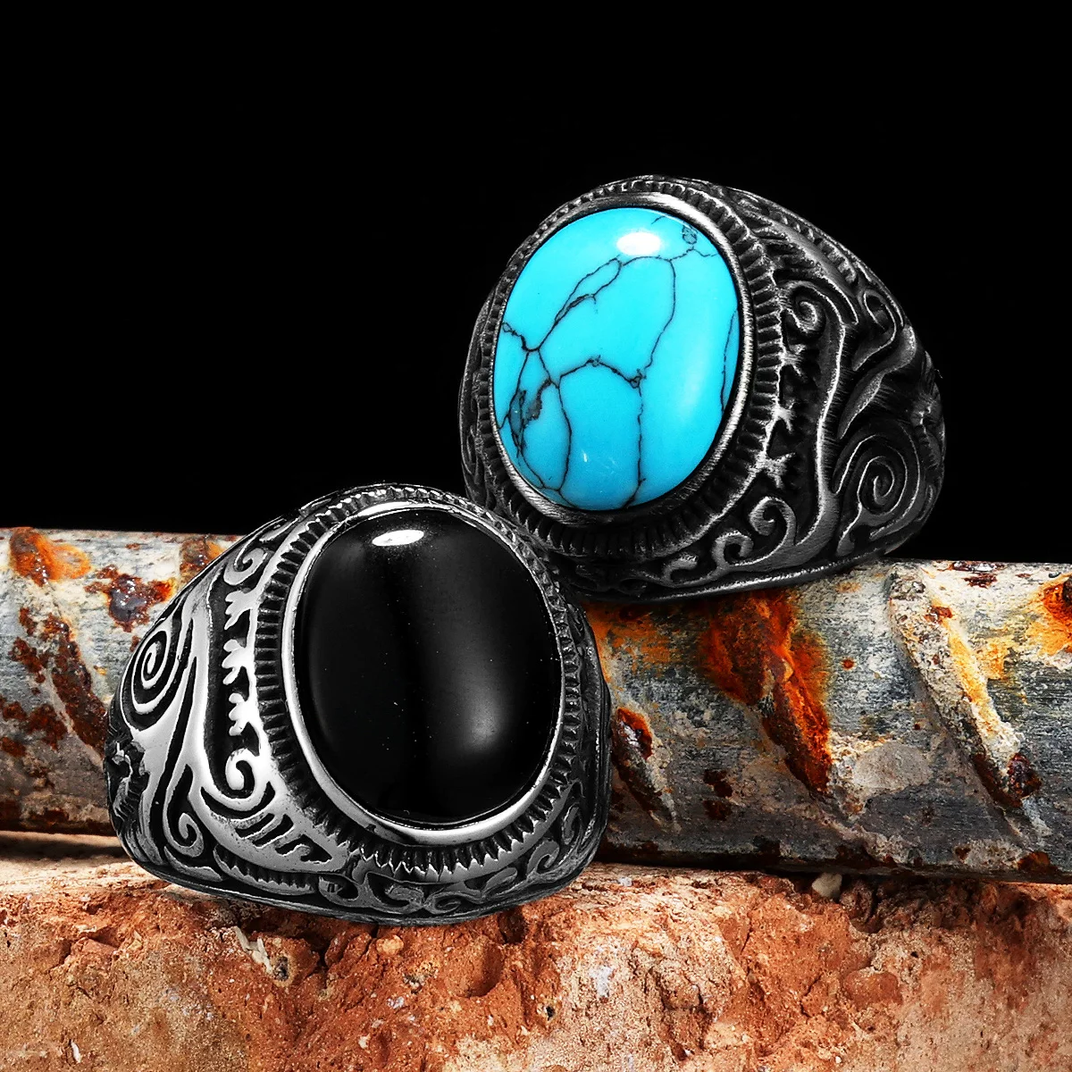 Vintage Black Turquoise Carved Stainless Steel Ring - Punk Rock Luxury Fashion Jewelry Accessory