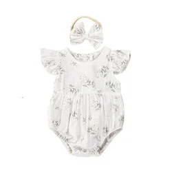 Vêtements à fleurs pour bébés filles, combinaison d'été sans manches, tenue de soleil, bandeau 
