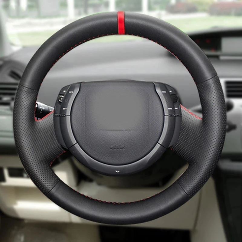 

Оплетка рулевого колеса для салона автомобиля Citroen Triumph Old C4 C-four, ручная Перфорированная кожаная отделка из микрофибры с красной полосой
