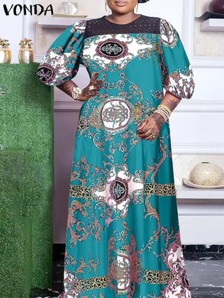 

VONDA 2023, Женский богемный сарафан большого размера, летнее платье макси с пышными рукавами и принтом, винтажное повседневное кружевное платье составного кроя