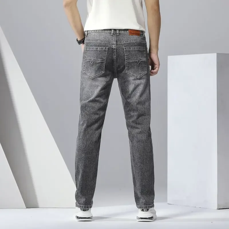 Jeans Men Spring Autumn New Slim Fit Straight Mid-Waist Stretch Casual Versatile Young Middle-Aged Fashionable Gray Long Pants