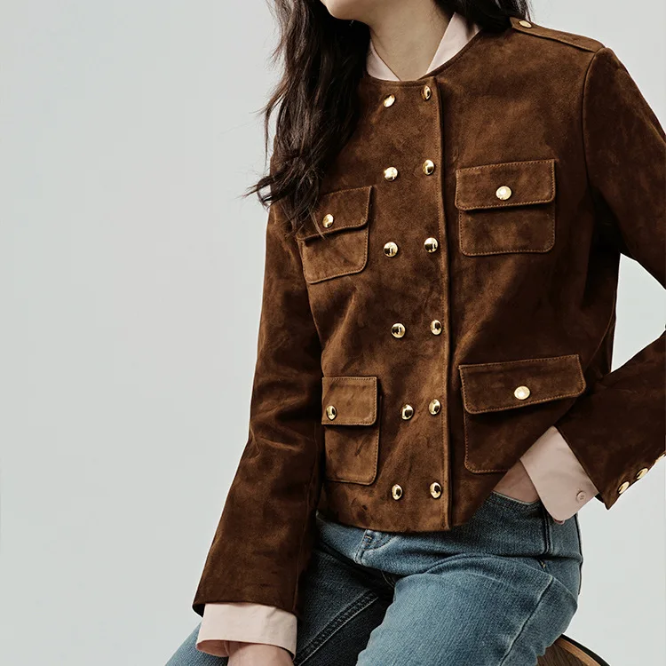 2023 Women New Genuine Cowhide  Jacket Top Layer Real Cow Suede Leather Jacket E58 цена и фото