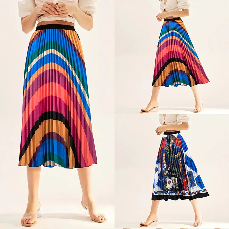 

Arherige Vintage Floral Print A-line Pleated Long Skirts Summer Women Korean Streetwear Drawstring Elastic Waist Midi Skirt