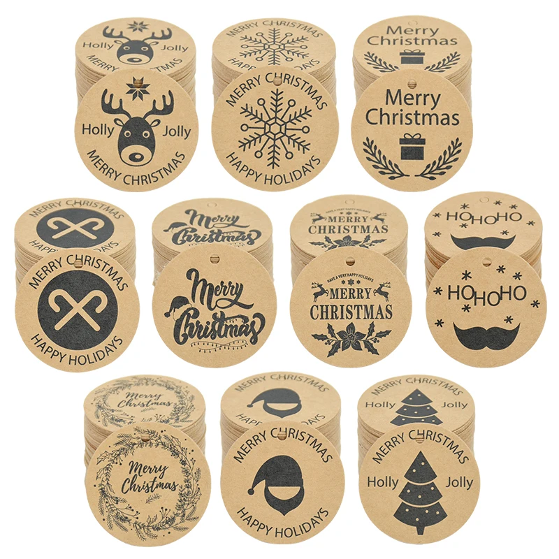 

100pcs Christmas Kraft Paper Tag Round Card Snowflake Elk DIY Hang Tags Gift Packaging Label for Home Xmas Tree Hanging Ornament