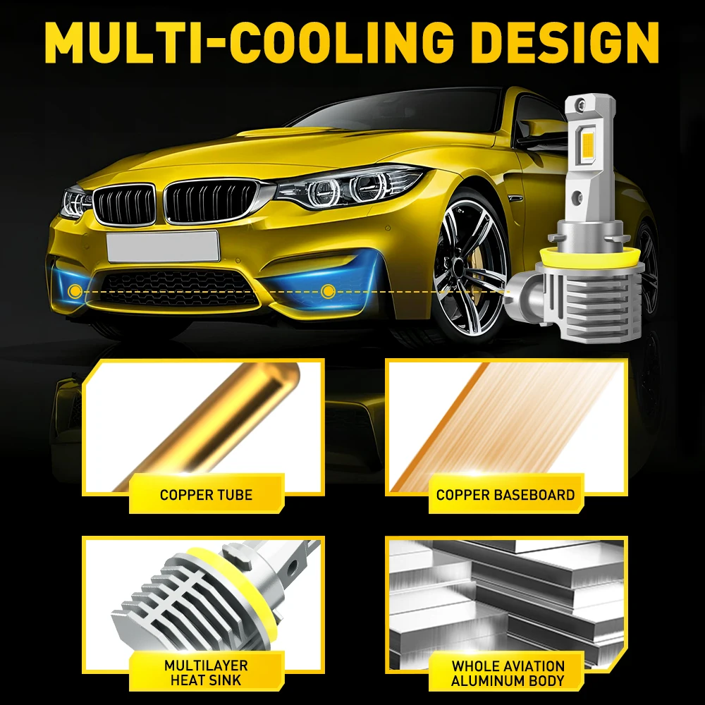 2개 AUXITO 캔버스 H11 안개등 LED 3000k 옐로우 H8 안개등 50W 고출력 12V 360 팬리스 H9 H16JP 전구 오류 없음 플러그 앤 플레이