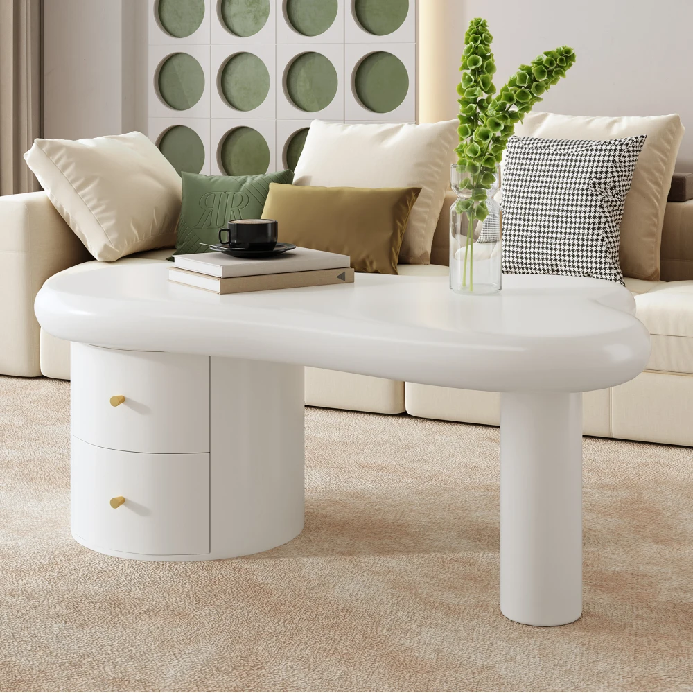 Moderner, weißer, unregelmäßig geformter Couchtisch mit 2 integrierten Schubladen – platzsparende und stilvolle, elegante Wohnmöbel für den täglichen Gebrauch – Detail 1