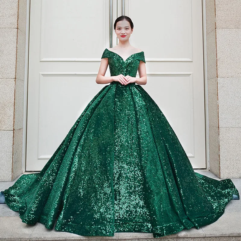 Von der Schulter 2024 neue exquisite Quince anera Kleid glänzende Pailletten V-Ausschnitt bodenlangen Abendkleid Vestidos Princesa 15 Anos