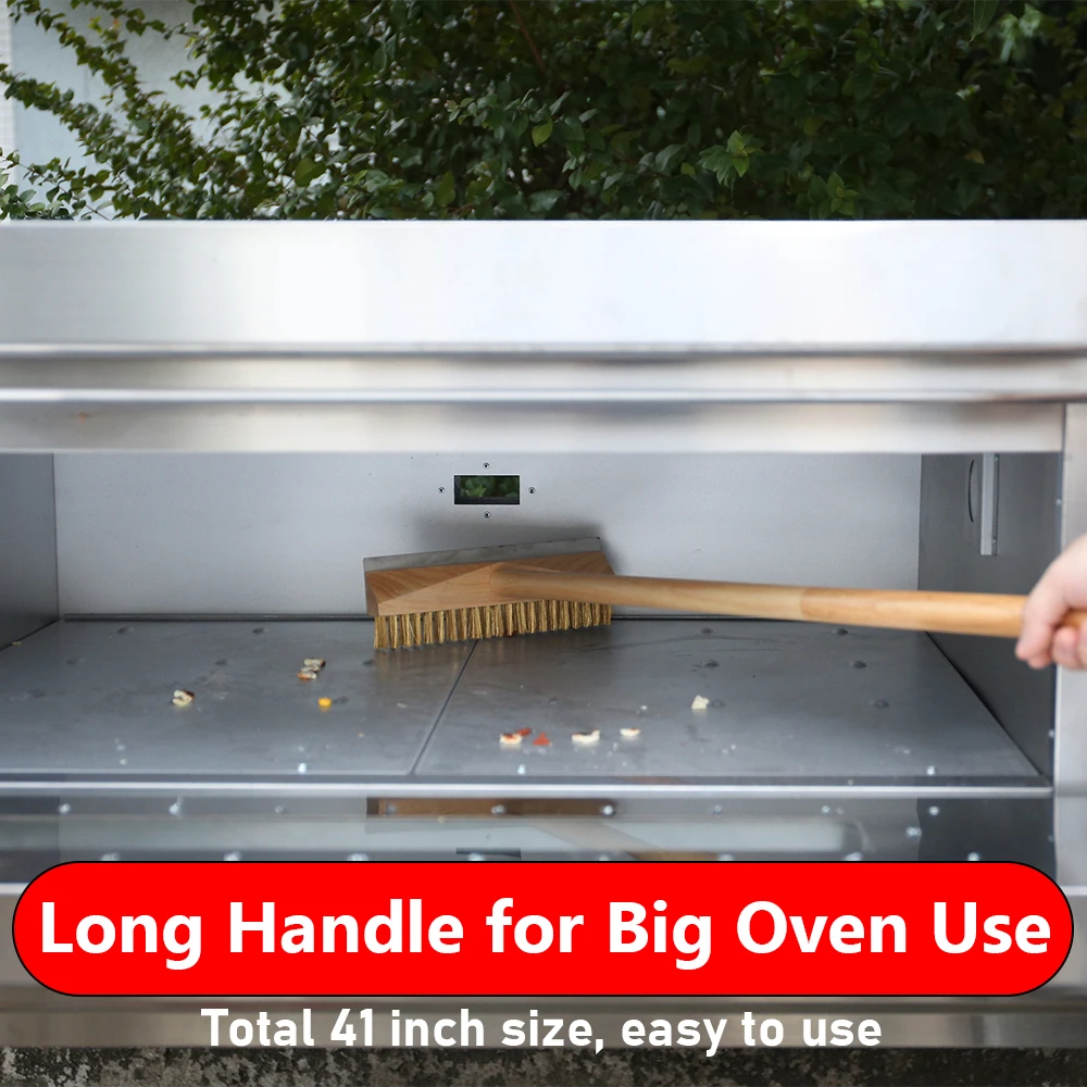 Onilini Big Pizza Oven Copper Brush with Scraper Grill Brass Cleaning Brush with Wood Detachable Long Handle Commercial Use