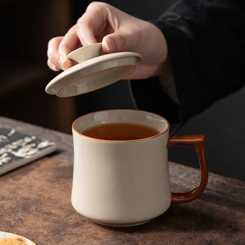 Chinese Style plant ash Ceramic Porcelain Personal Mugs, Home Personal Creative With Cover, Milk Water Coffee Cup, 360ml, 1Pc