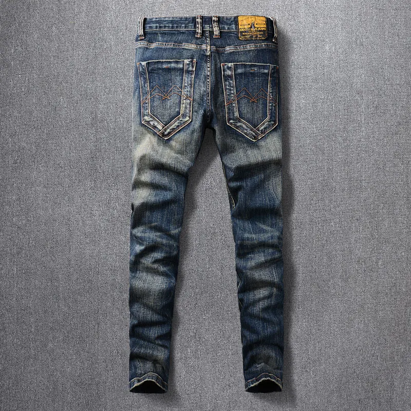 Fashion Designer Men Jeans Retro Black Blue Slim Ripped Jeans Men Stretch Trousers Embroidery Patched Vintage Casual Denim Pants