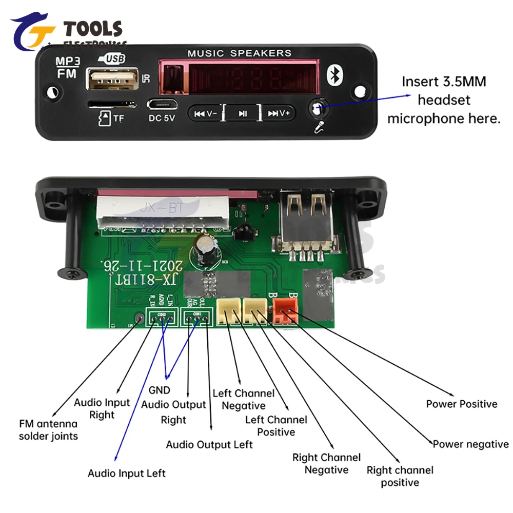 DC 6-18V Mp3 Decoder Board with 2*20W Amplifier Bluetooth 5.0 Car FM Radio Module TF USB Recording Call Lossless Motherboard