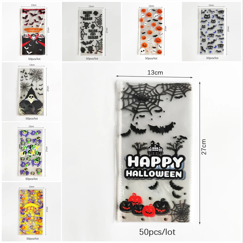 50 Stück Halloween-Geschenktüten mit Kürbis-, Geister- und Fledermaus-Motiven für Süßigkeiten und Kekse, Geschenkverpackung, Süßes oder Saures, Halloween-Dekoration – Detail 10