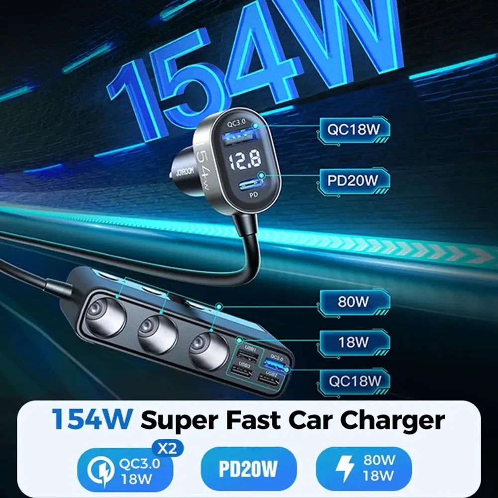 

9 In 1 Car Charger Adapter PD 3 Socket Cigarette Lighter 154W Splitter Cigarette DC Independent Switches Outlet Charge M1N7