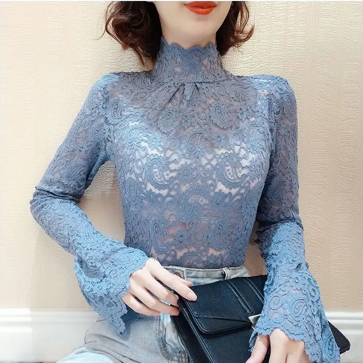 

2023 Autumn New Hollow Out Lace Bottoming Shirt Women Long-sleeved High-necked Solid Color Slimming Blouse T326