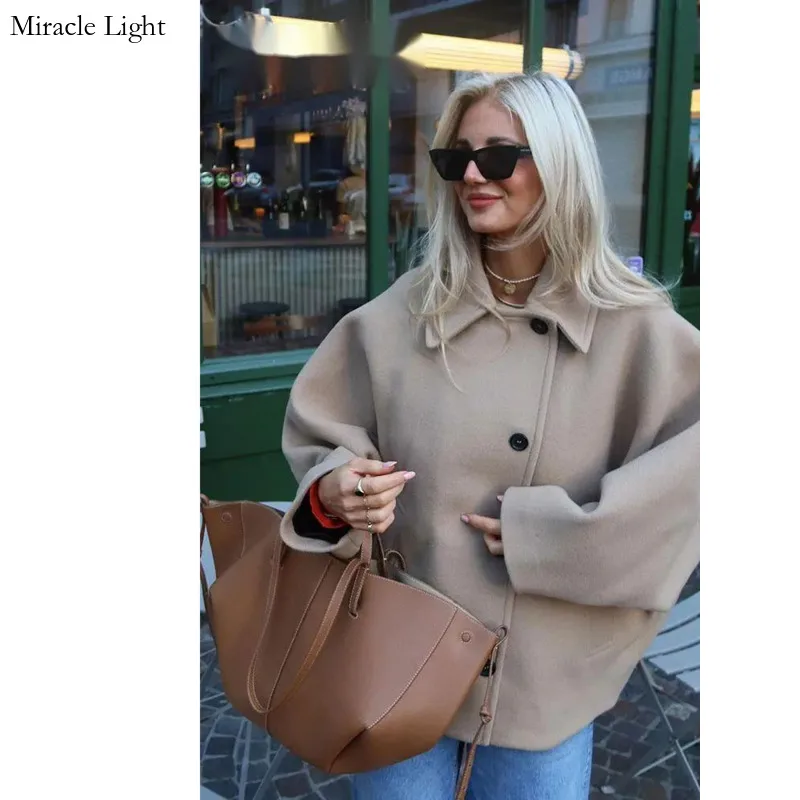 

Women Solid Single Breasted Jacket Autumn Long Sleeve Turndown Collar Coat With Pockets Female Casual Loose Outwear