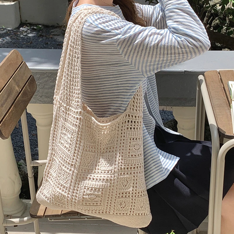 Large Capacity Crochet Bag Woven Hollow Knitting Handbags Fashion Shoulder Bags Women Summer Beach Shopping Tote