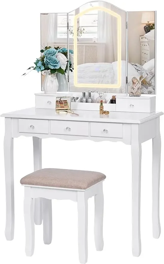 Vanity Desk with Mirror and Lights, Makeup Vanity with Lights, White Vanity Set with Tri-Folding Mirror with 3 Colors  Modes