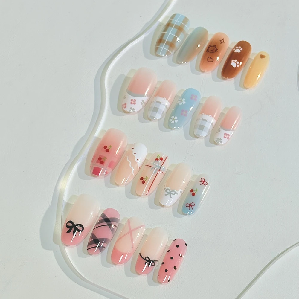 120 Stück Kawaii Französische Karierte und Gepunktete Künstliche Nägel Mittellange Ovale Aufklebenägel Frühlingsblumen-Kirsch-Design Tragbare Falsche Fingertips – Detail 3