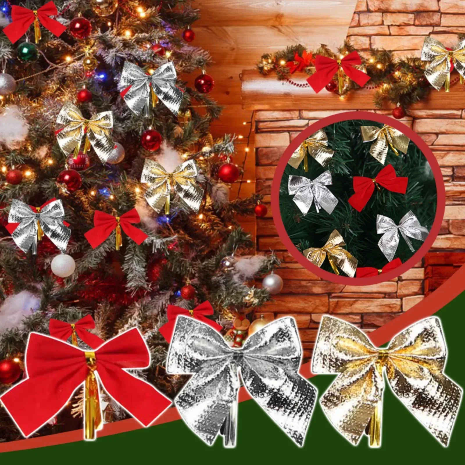 Christmas Bow Ornaments 12pcs Butterfly Bow Hanging Deco for Christmas Home Gold Silver Red Bowknot Xmas Tree Ornaments New Year Pendant