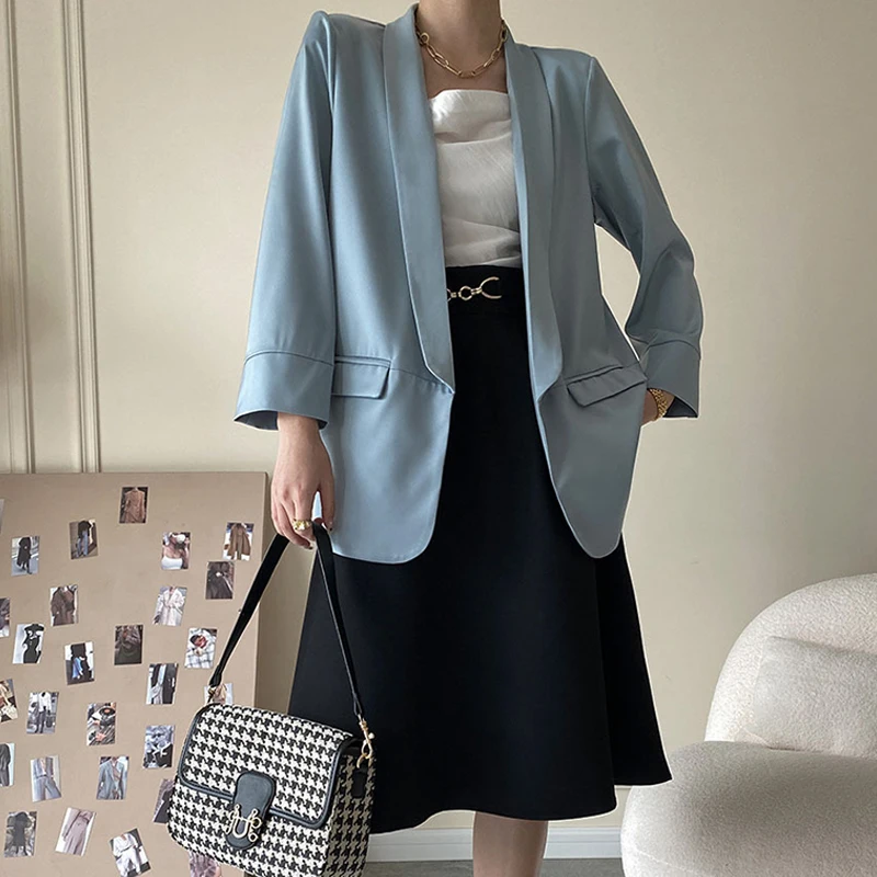 

Женский атласный пиджак, однотонный костюм с драпировкой, новый стиль на весну и осень