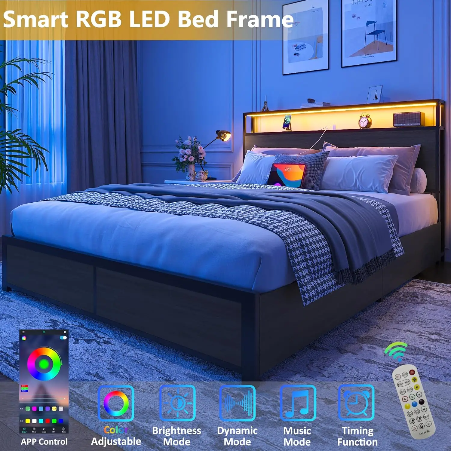 Queen Bed Frame with 2-Tier Storage Headboard, Metal Platform Bed Frame with 4 Storage Drawers, Built in Charging Station & LED