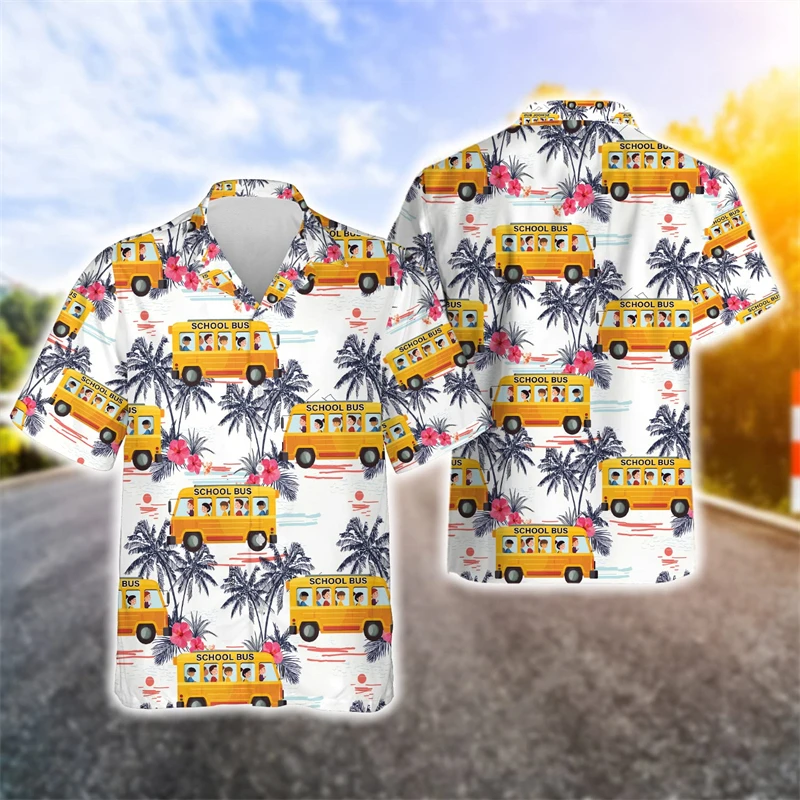 School Bus 3D Printed Shirts For Men Clothes Cartoon Car Driver Graphic Beach Shirt Funny Gift Aloha Lapel Blouse Hawaiian Tops 5
