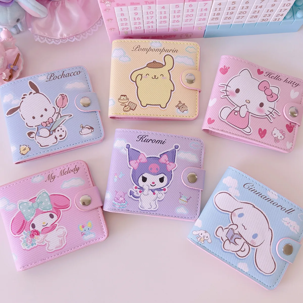 Новинка, Женский кошелек Sanrio из искусственной кожи, кошелек Hello Kitty Kulomi Melody Cinnamoroll, портативный кошелек для удостоверения личности и монет, милые подарки для девочек