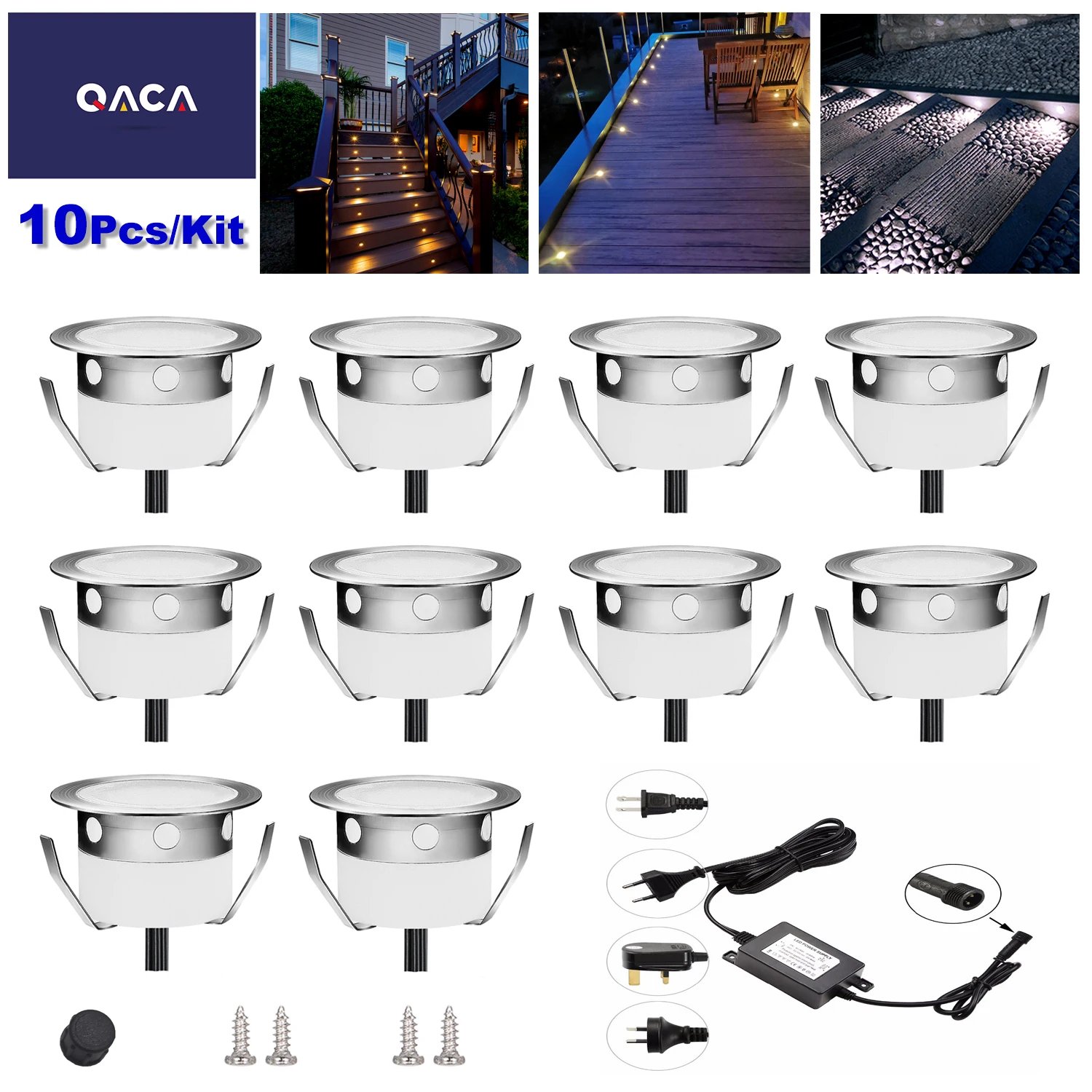 QACA 10-Pack LED Recessed Deck Lights With Transformer Waterproof Outdoor Yard Garden Stairs Lighting DC12V 0.6W Energy Saving