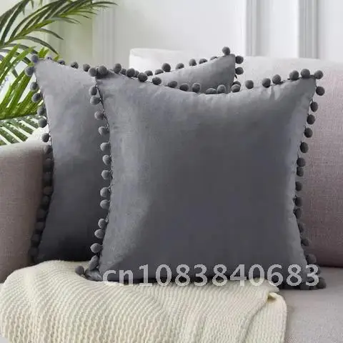 

Solid Velvet Decorative Green Blue Grey Pink Cushion Cover Soft Velvet Pillow Case With Pompom Ball Sofa Pillow Cover 45x45cm