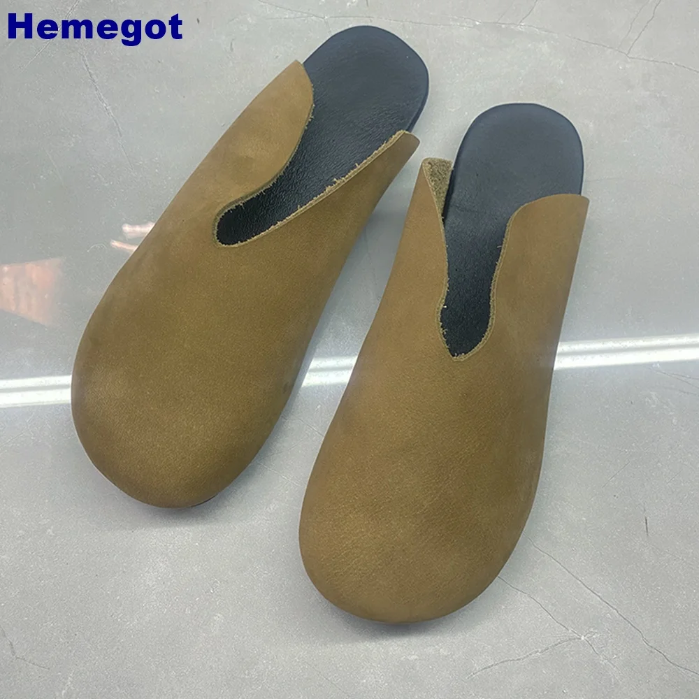 Round Toe Genuine Leather Retro Slippers 2024 Summer Outdoor Casual Solid Color Flat Slippers Women Slip On Closed Toe Slides