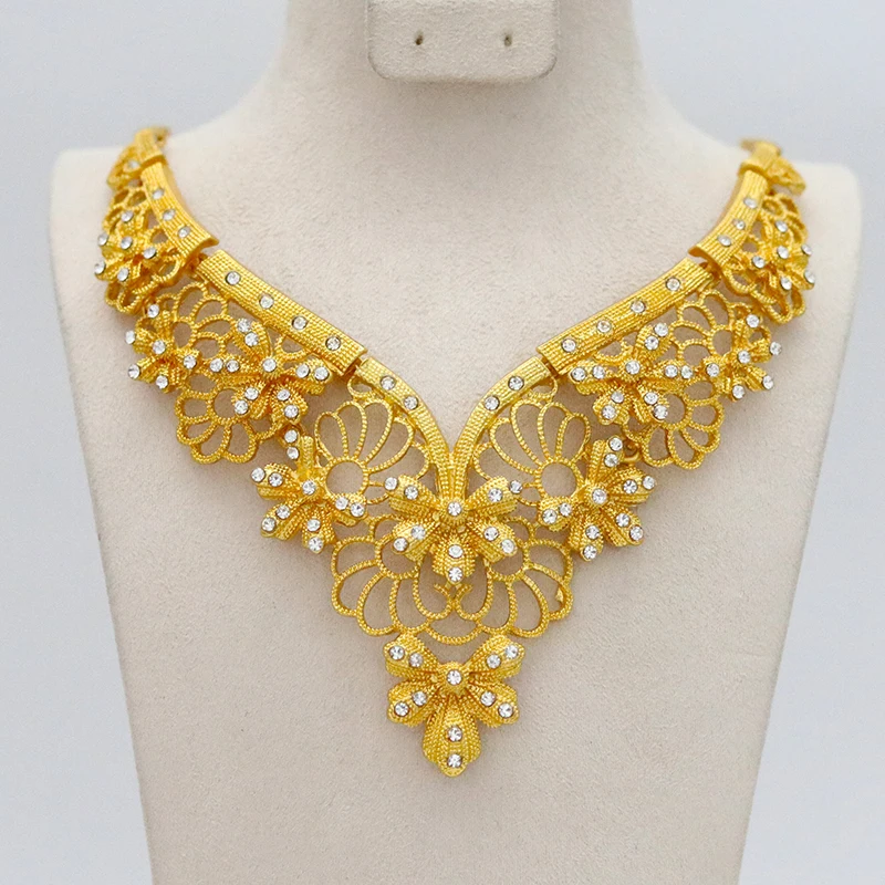Dubai Wedding Fashion Gold Big Flower Jewelry Pearl Diamond Set Ladies Pendant African Bead Necklace Earring Bracelet
