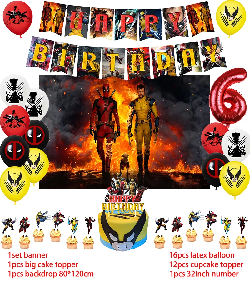 Description Picture 3 of itemDeadpool And Wolverine Birthday Party Decoration Balloon Banner Backdrop Cake Topper Supplies Baby Shower