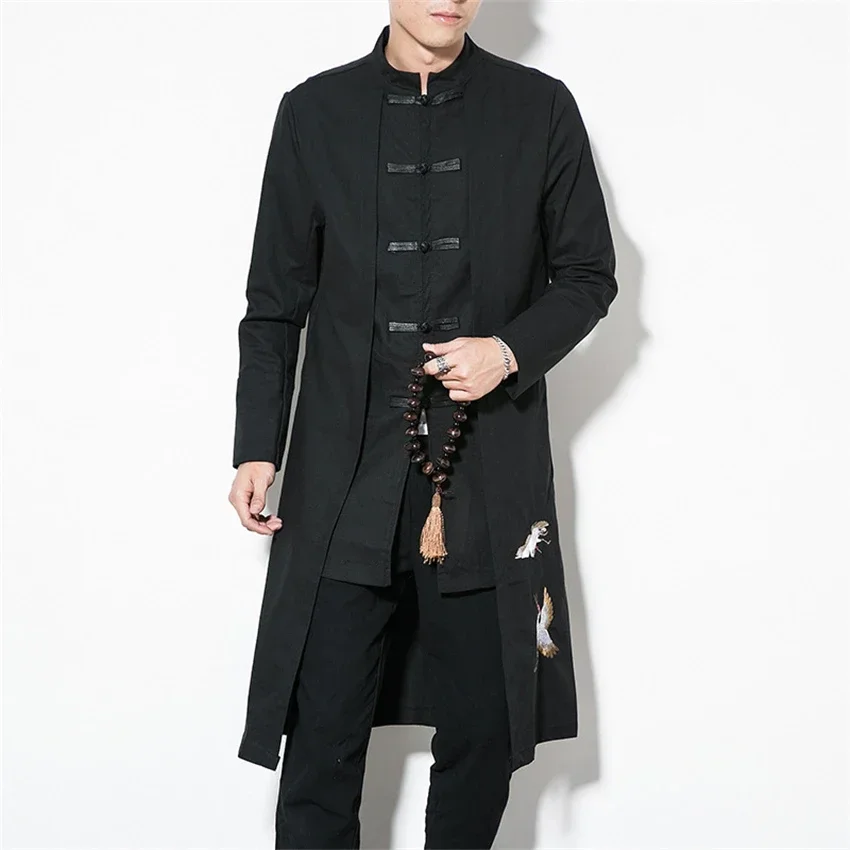 Chinese Style Tops News Coat Linen Embroidery Crane Casual Long Gown New Year Clothes Traditional Chinese Clothing for Men