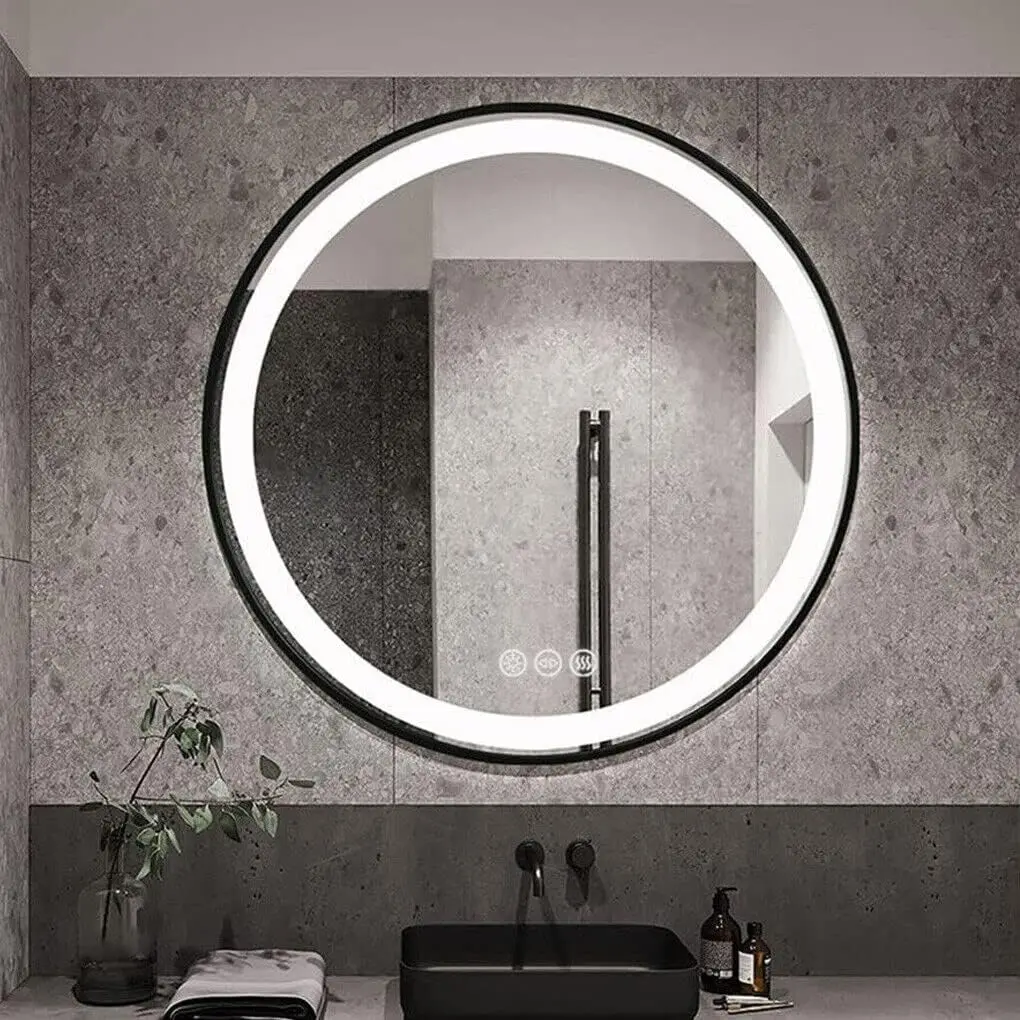 LUVODI 32" Large Round Bathroom Light Mirror With Touch Sensor Black Gold Frame Bathroom Mirror with LED Lights Detachable Rope 4