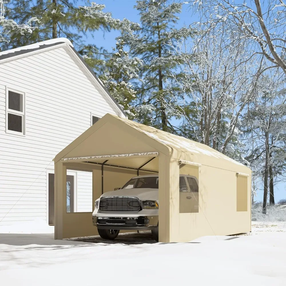 

10 x 20 Ft Heavy Duty Carport with Roll-up Ventilated Windows, Portable Garage with Removable Sidewalls & Doors for Car, Beige