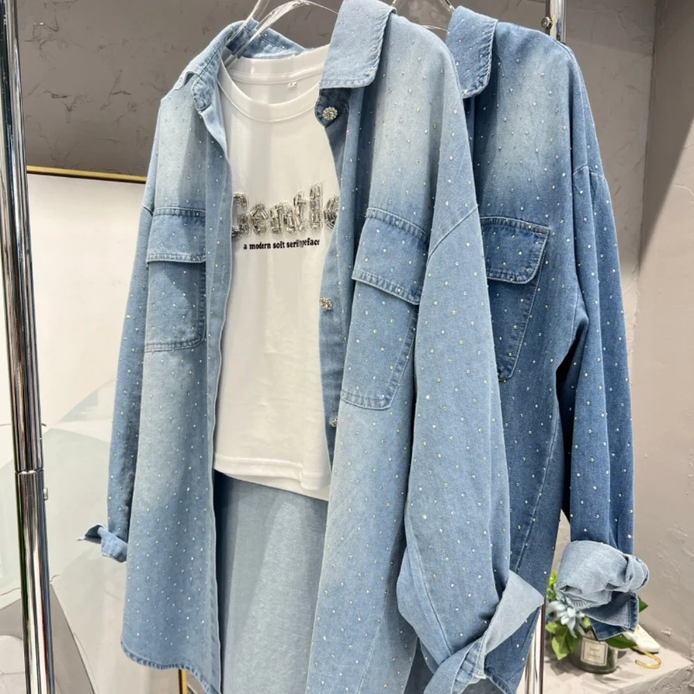 2023 Full Diamond Denim Shirt Women's European Goods Top Blouse Hot Light Blue Loose Spring And Summer Thin Coat Blusas De Mujer thin blue and white stripe dotted prints jeans for women european 2023 summer clothes new high waist slim tappered harem pants