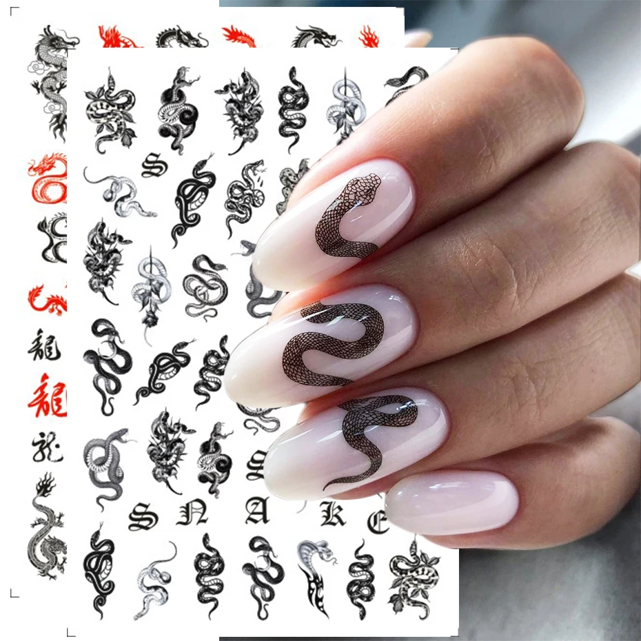 Nail Stickers Nail Art Decoration Nail Decals 3D Dragon Snake Design Women Love Nail Art Tattoo Slider Gel Polish Decal Temporary Tattoo Decorations GLEB145-152