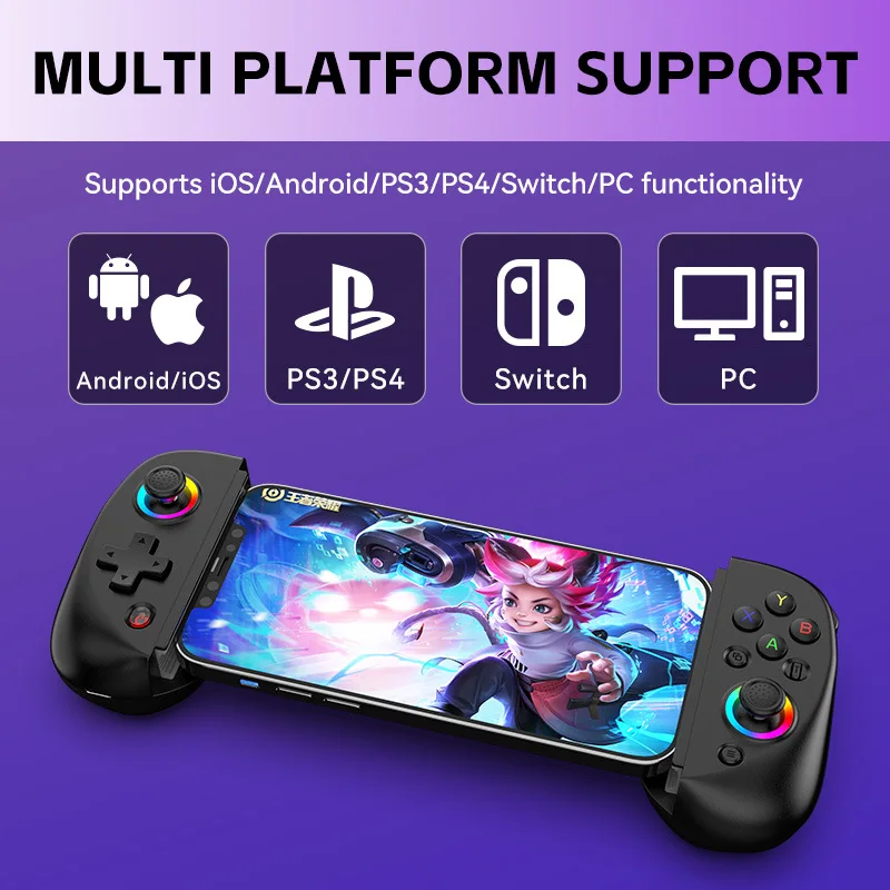 

Telescopic Game Controller RGB Light Mobile Phone Gamepad with Turbo/6-axis Gyro/Vibration for Android iOS PS3 PS4 Switch PC