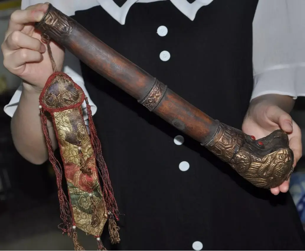 14"Rare Collect old Tibetan Tibetan silver Silk exorcism Flute Bone flute faqi 4
